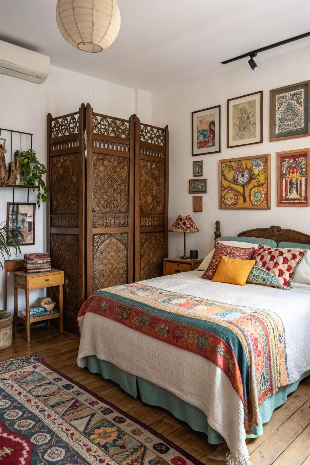 A vintage screen, thoughtfully repurposed, gives this room a unique personality and charm.