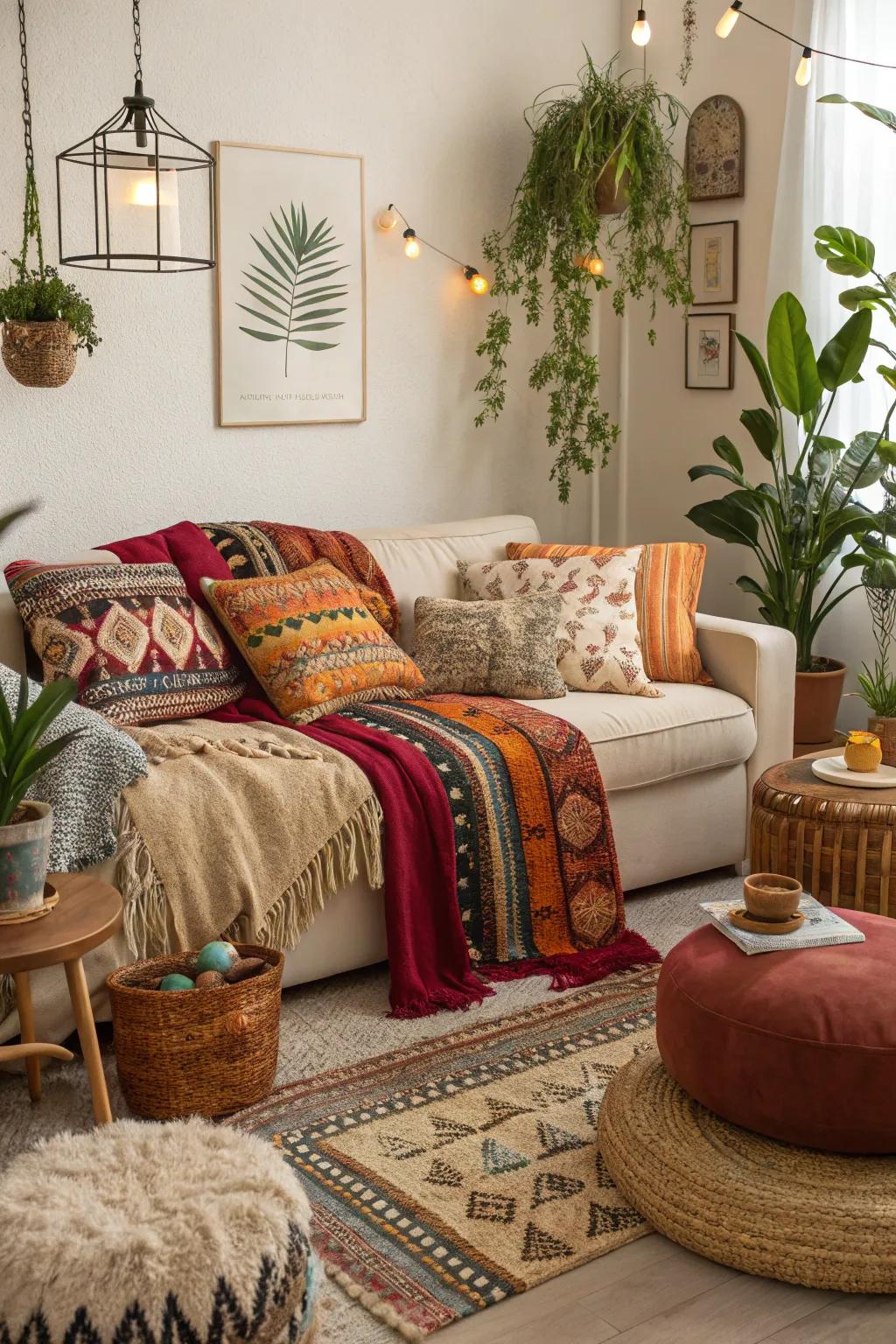 Comfort is paramount in a bohemian living area.