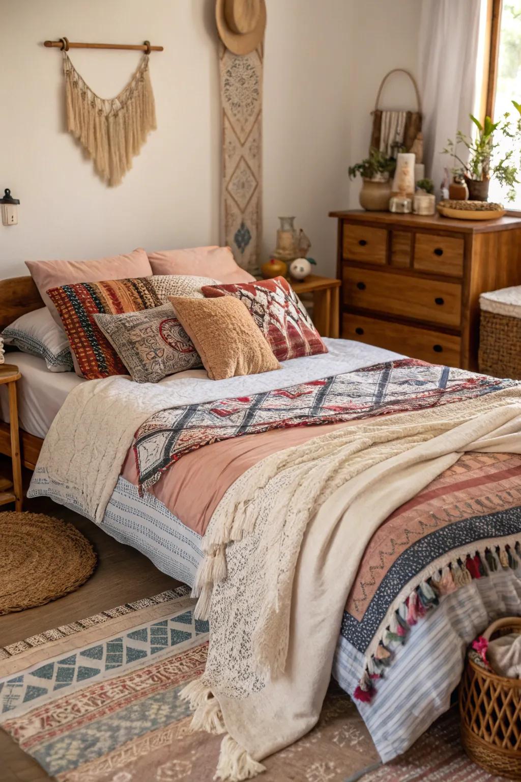 Layered textiles enhance the cozy factor in a boho room.