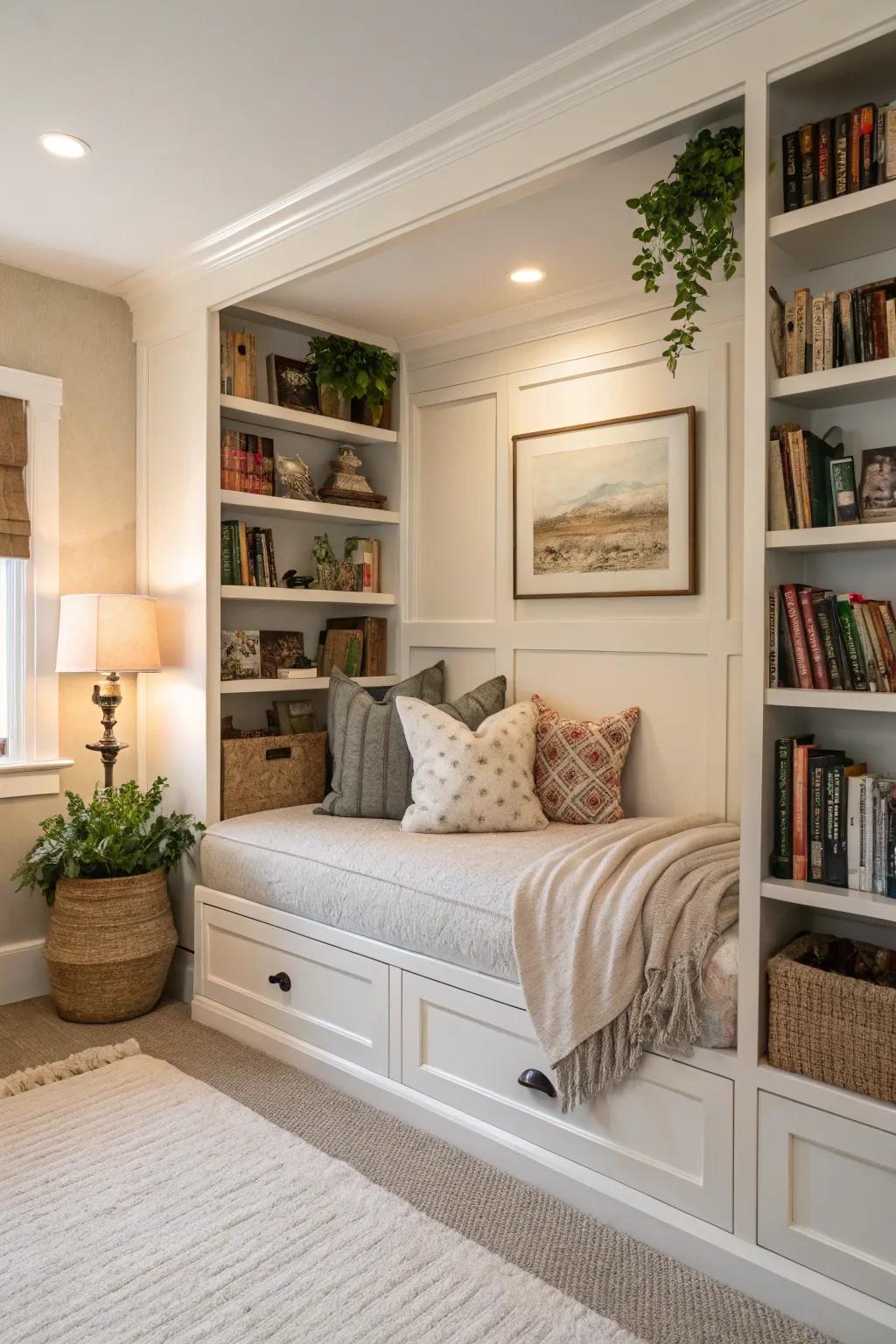 A built-in book nook paired with a daybed, perfect for the ultimate reading indulgence.