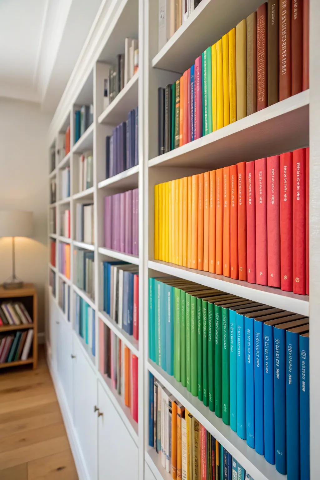 A bookshelf that's visually magnetic, thanks to its color-coded organization.