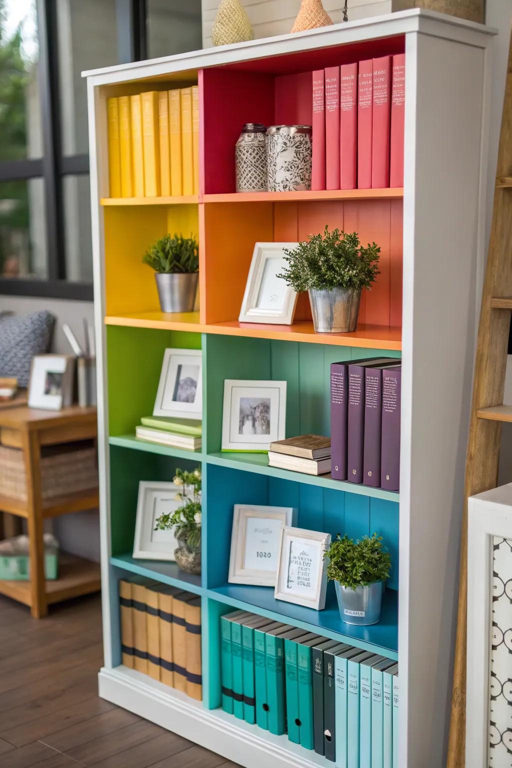 Make a harmonious aesthetic with color-coordinated bookcase arrangements.