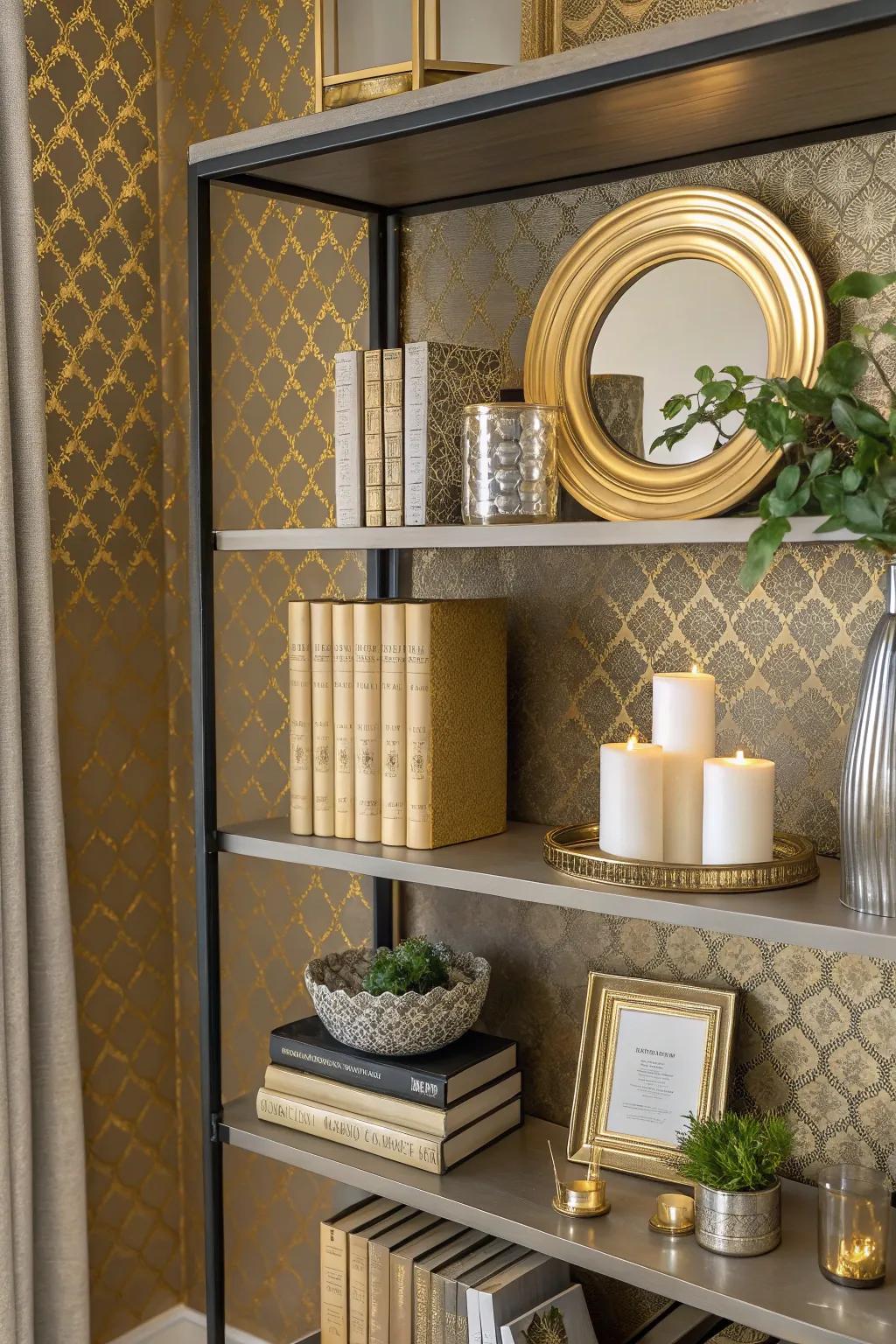 Bookshelf featuring subtle gold metallic wallpaper for a luxurious touch.