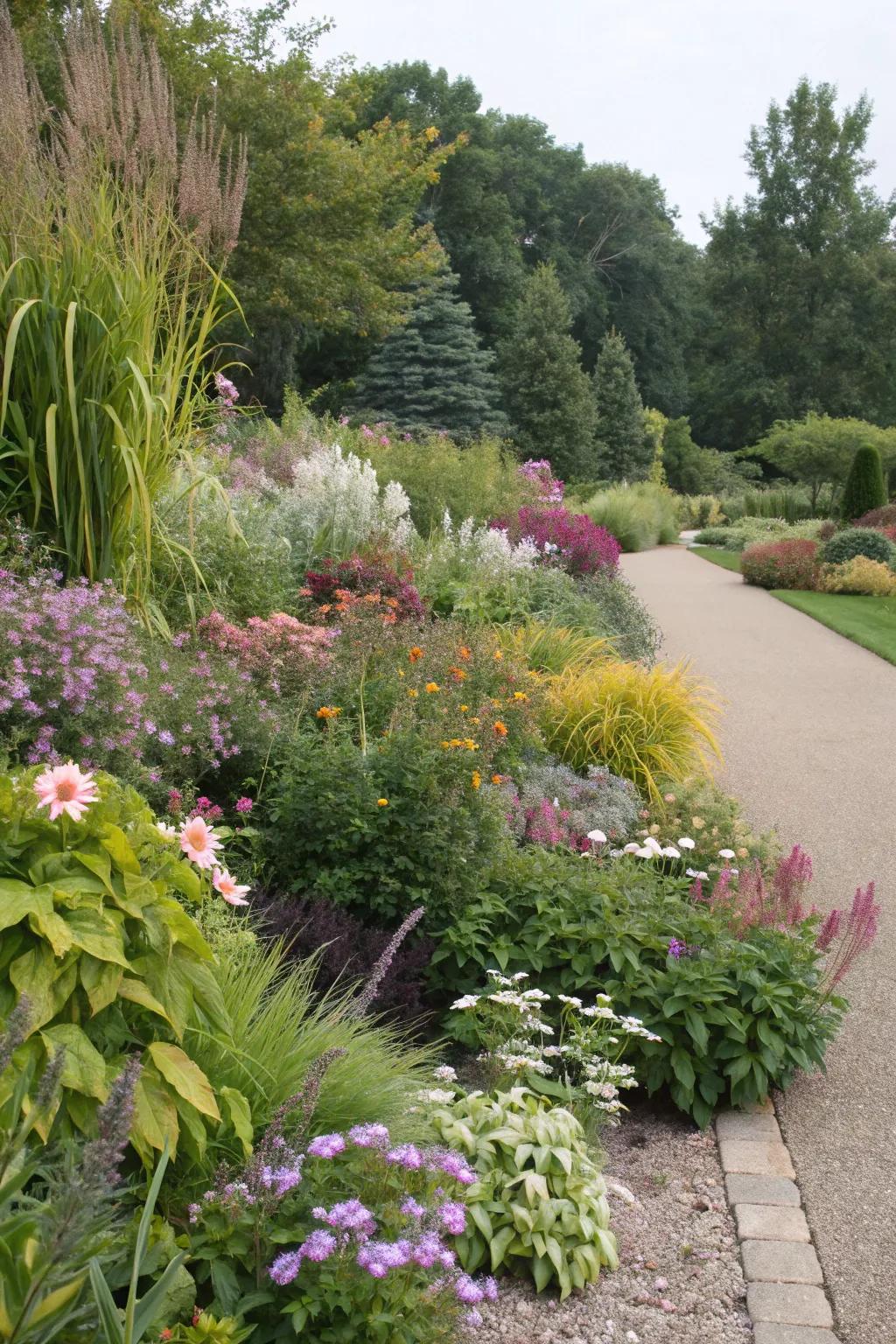 A dynamic garden border with assorted plant heights and textures.