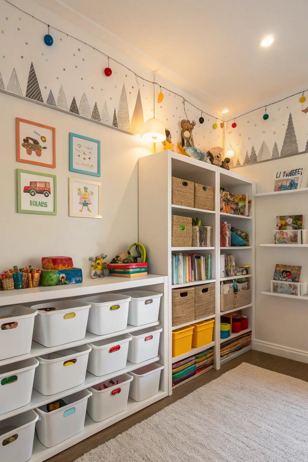 Upward storage solutions maintain order in the room and make the most of available space.
