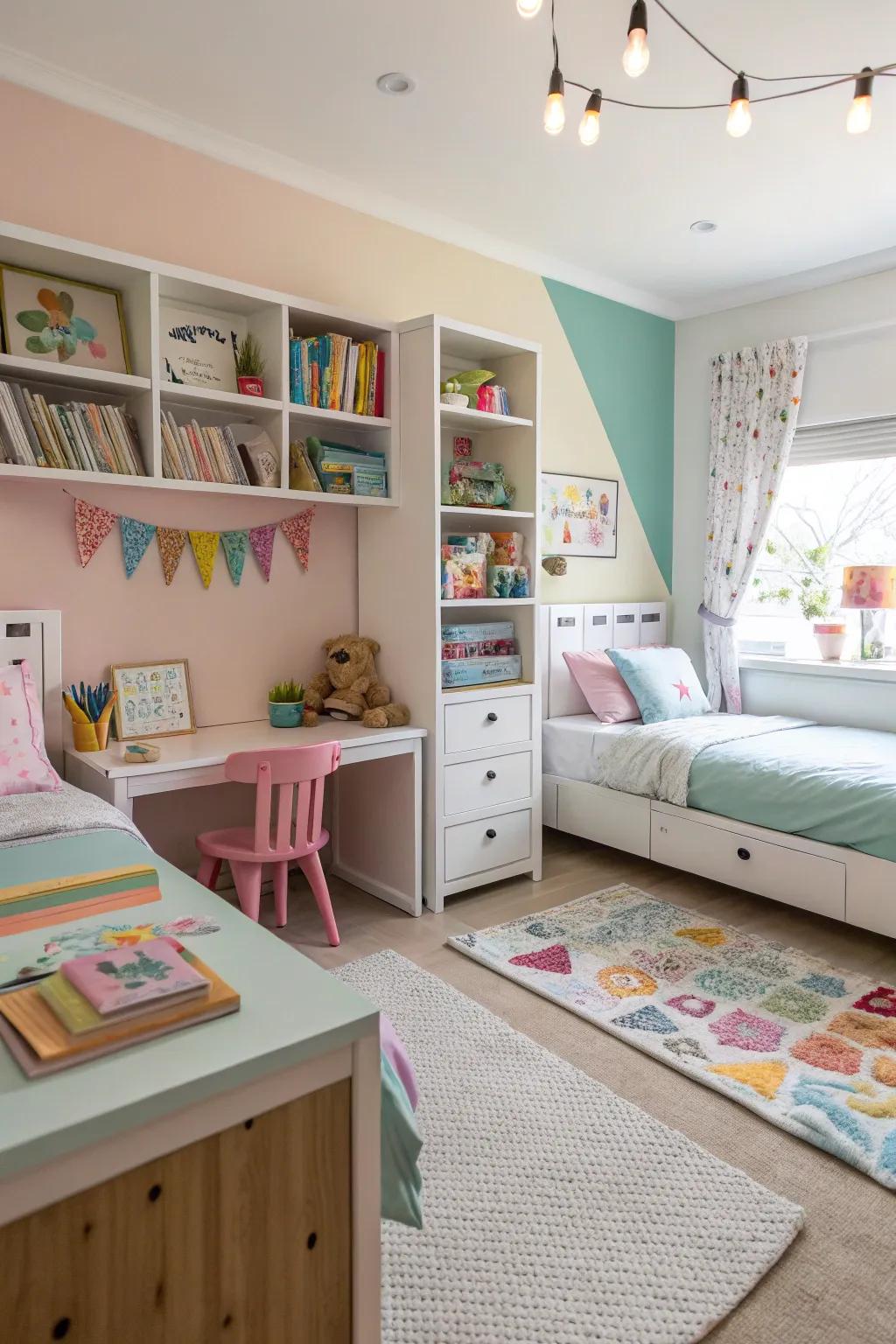 Personal zones in a shared room encourage independence.