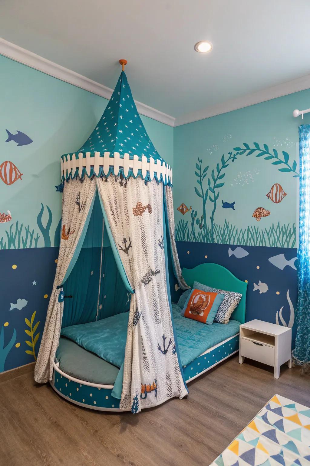 Swim into dreams using an underwater-themed canopy bed.