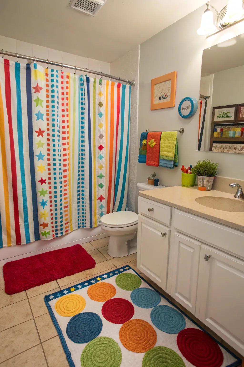 Striped textiles enrich a boys' bathroom with texture.