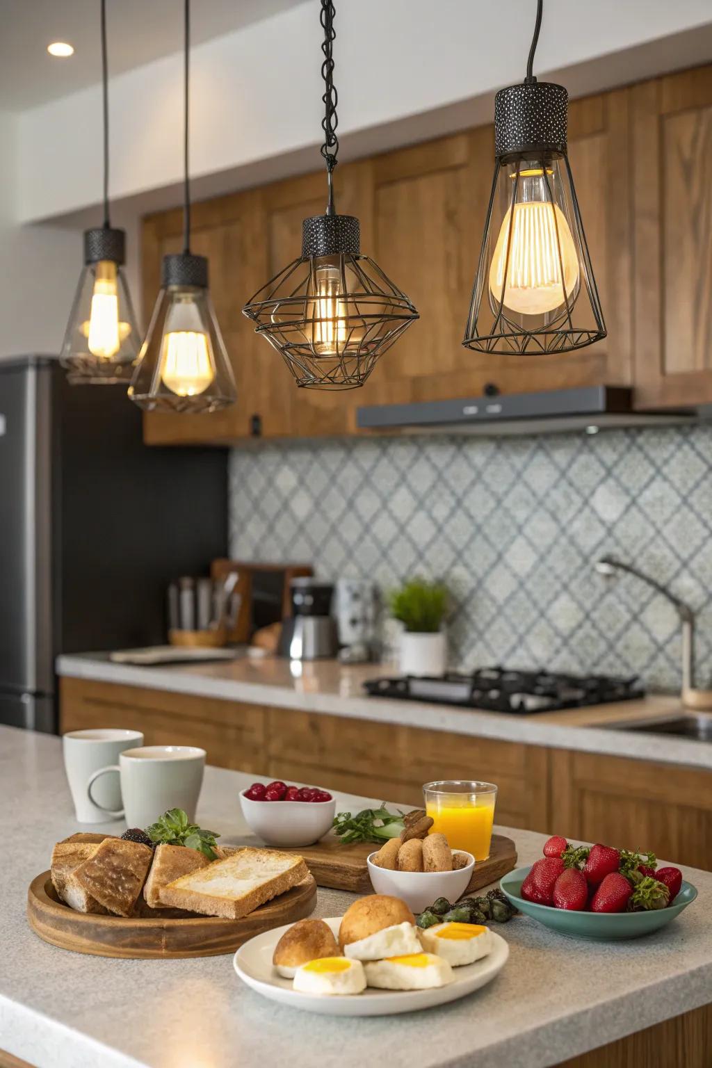 Fashionable hanging lights light up a modern breakfast bar.