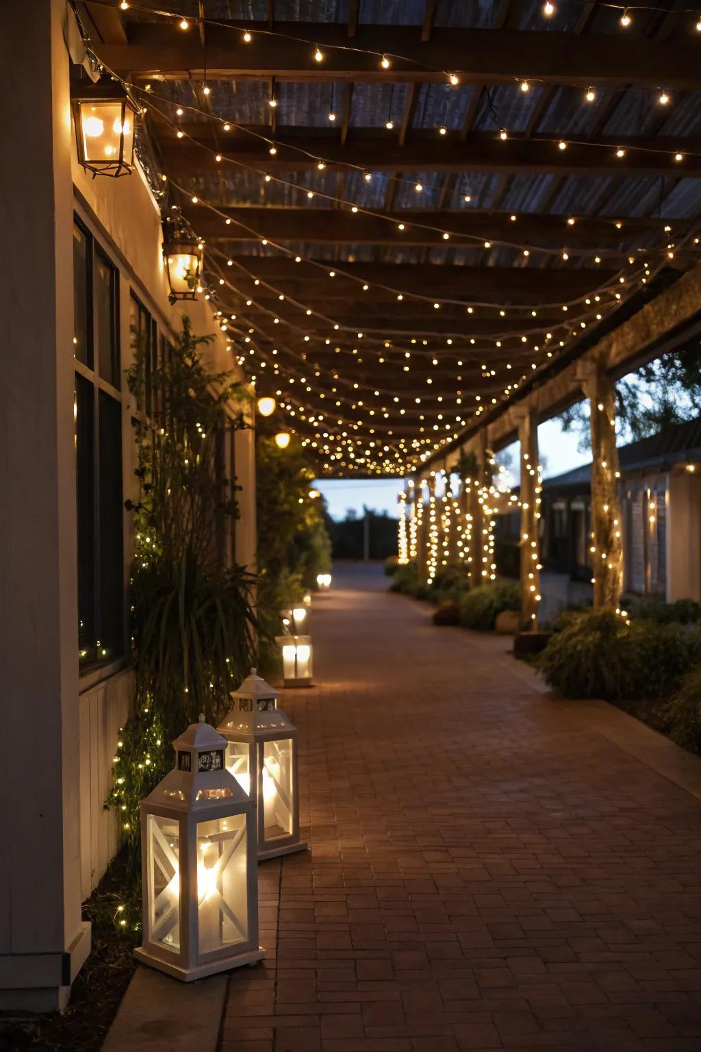 A breezeway bathed in ambient lighting, conjuring a magical atmosphere.