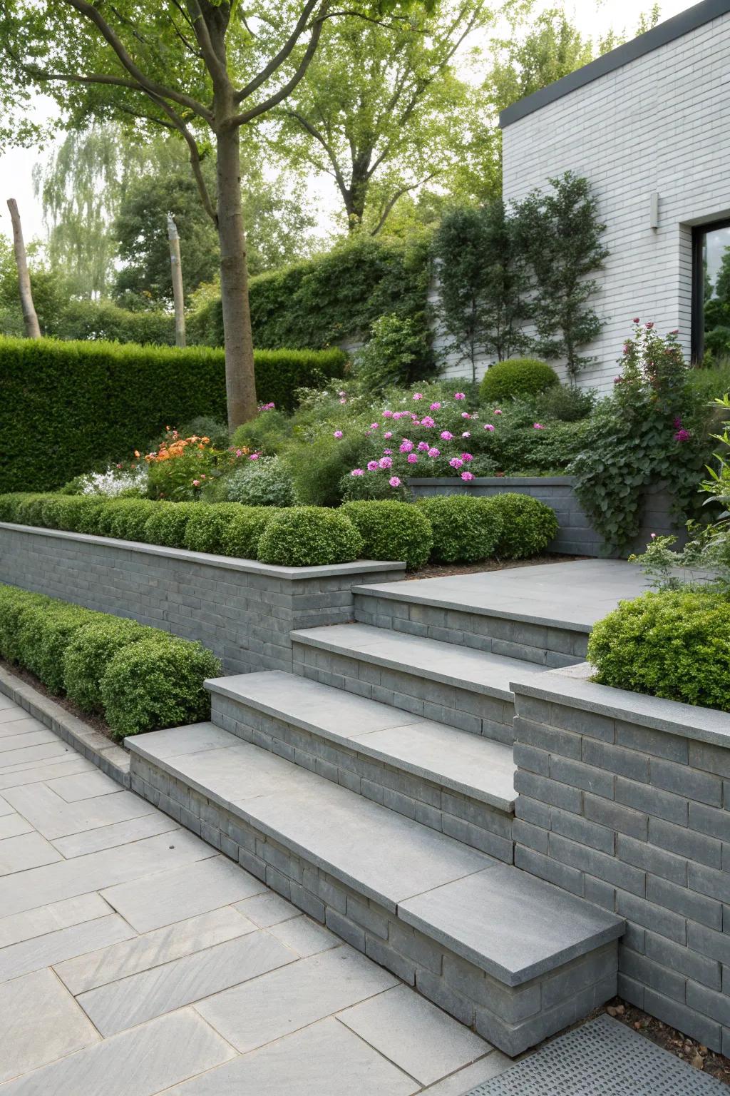 Gray brick steps lending a modern touch to outdoor spaces.