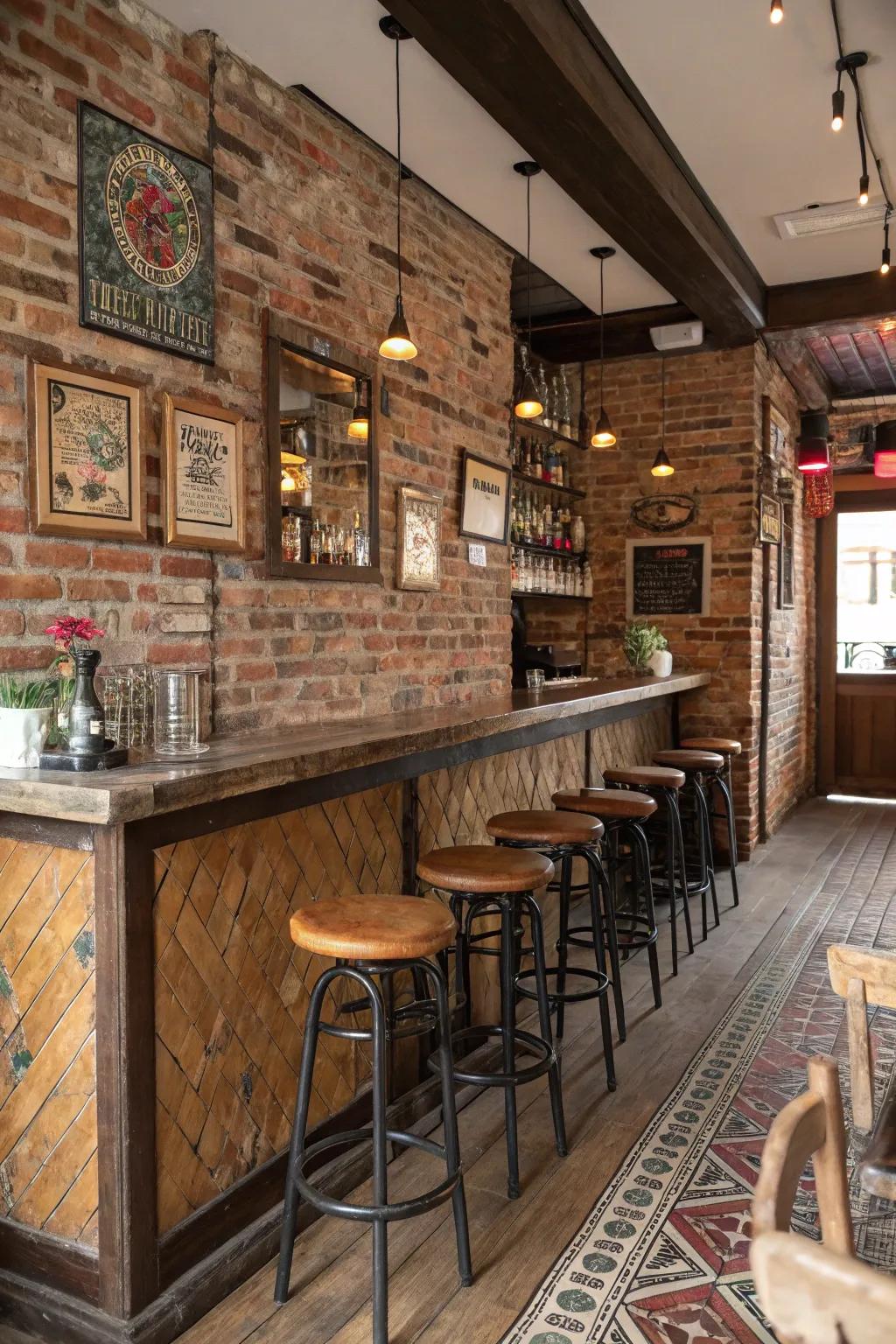 Vintage bar stools impart unique character to a brick wall bar.