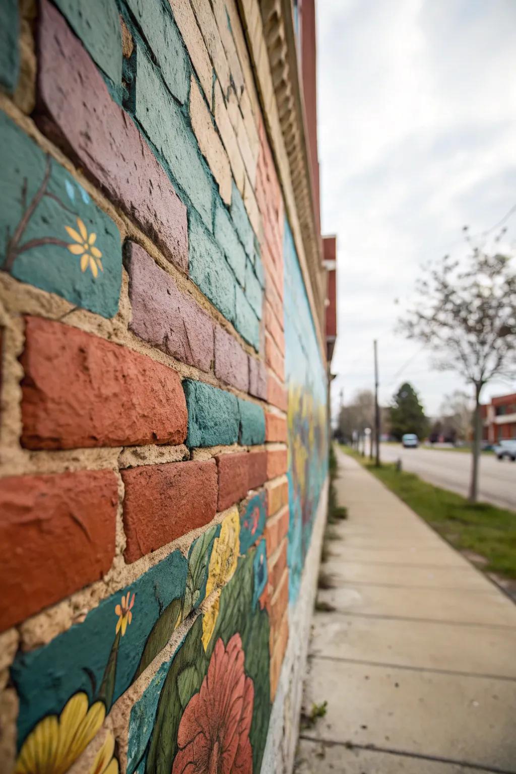 A textured mural blends decorative alongside inherent masonry components.