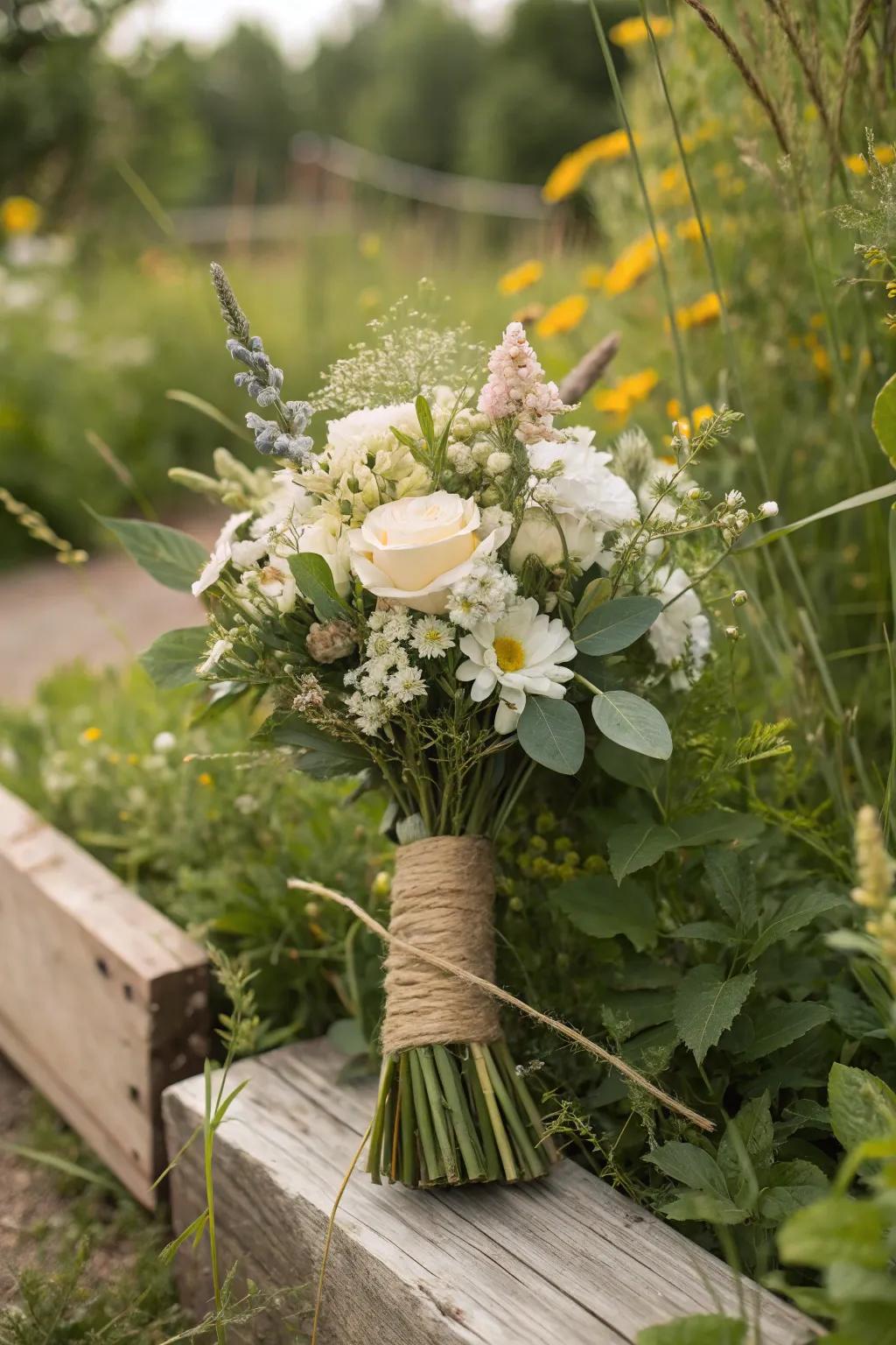 Twine wraps add earthy texture to wildflower bridal bouquets.