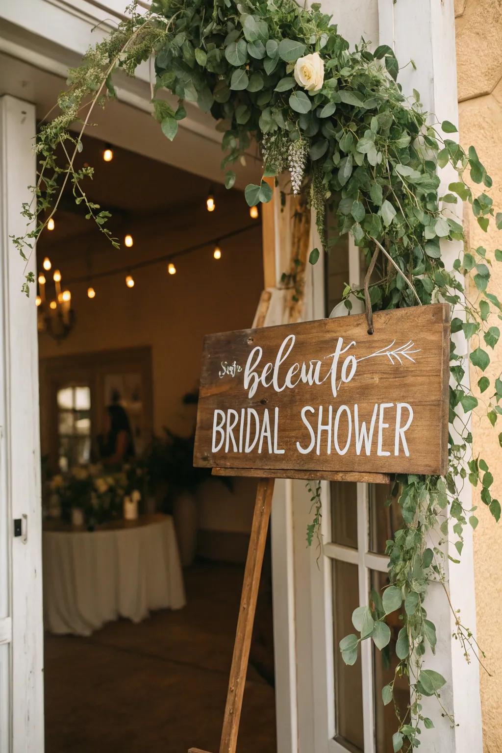 Charming wooded signs guide visitors into the bridal shower, including a rustic touch.