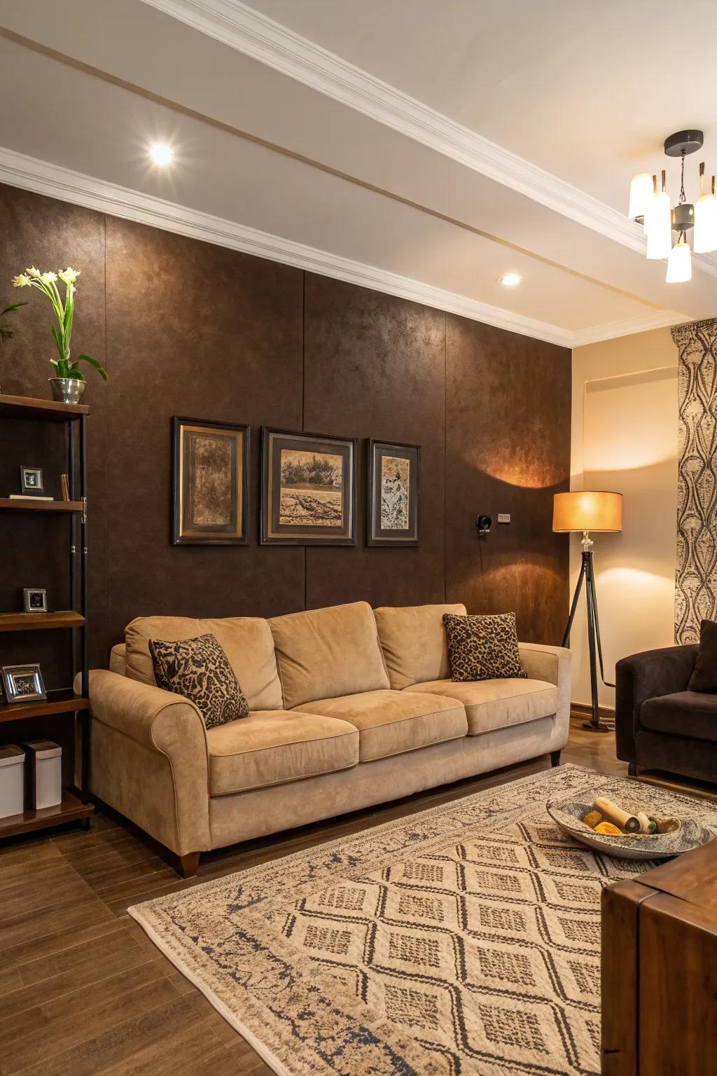 A daring cocoa feature divider functions as an arresting core element.