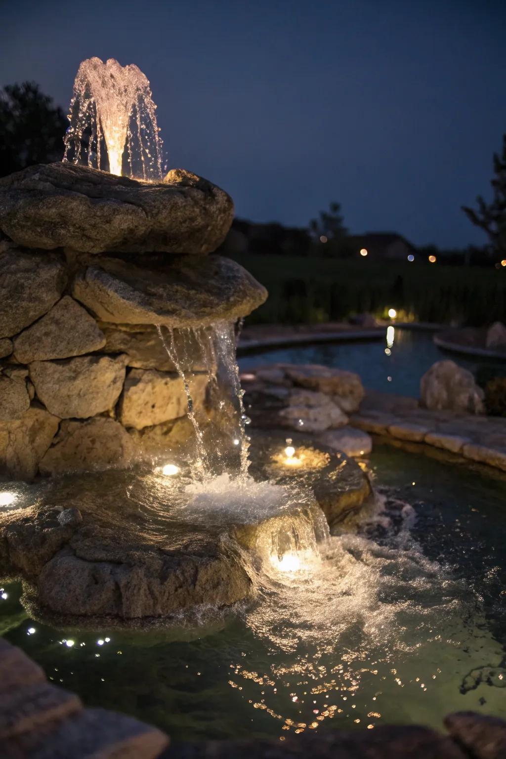 Illumination transmutes this fountain into an engaging nocturnal attribute.