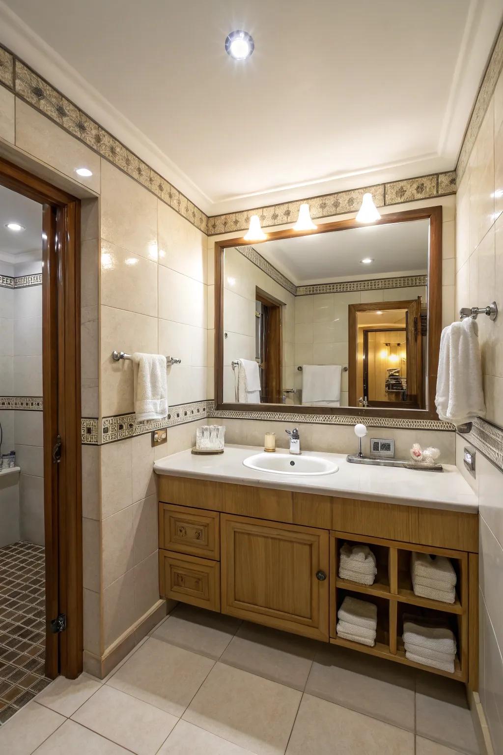 A large mirror enhances the sense of space in a small bathroom.