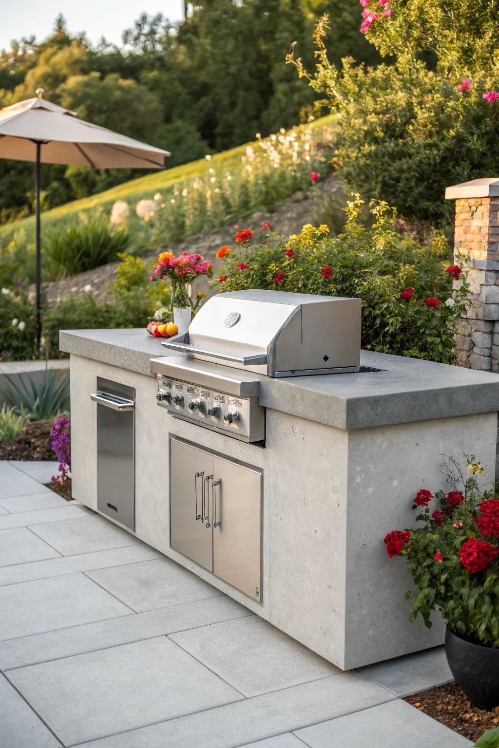 A modern concrete surface for a stylish BBQ setup.
