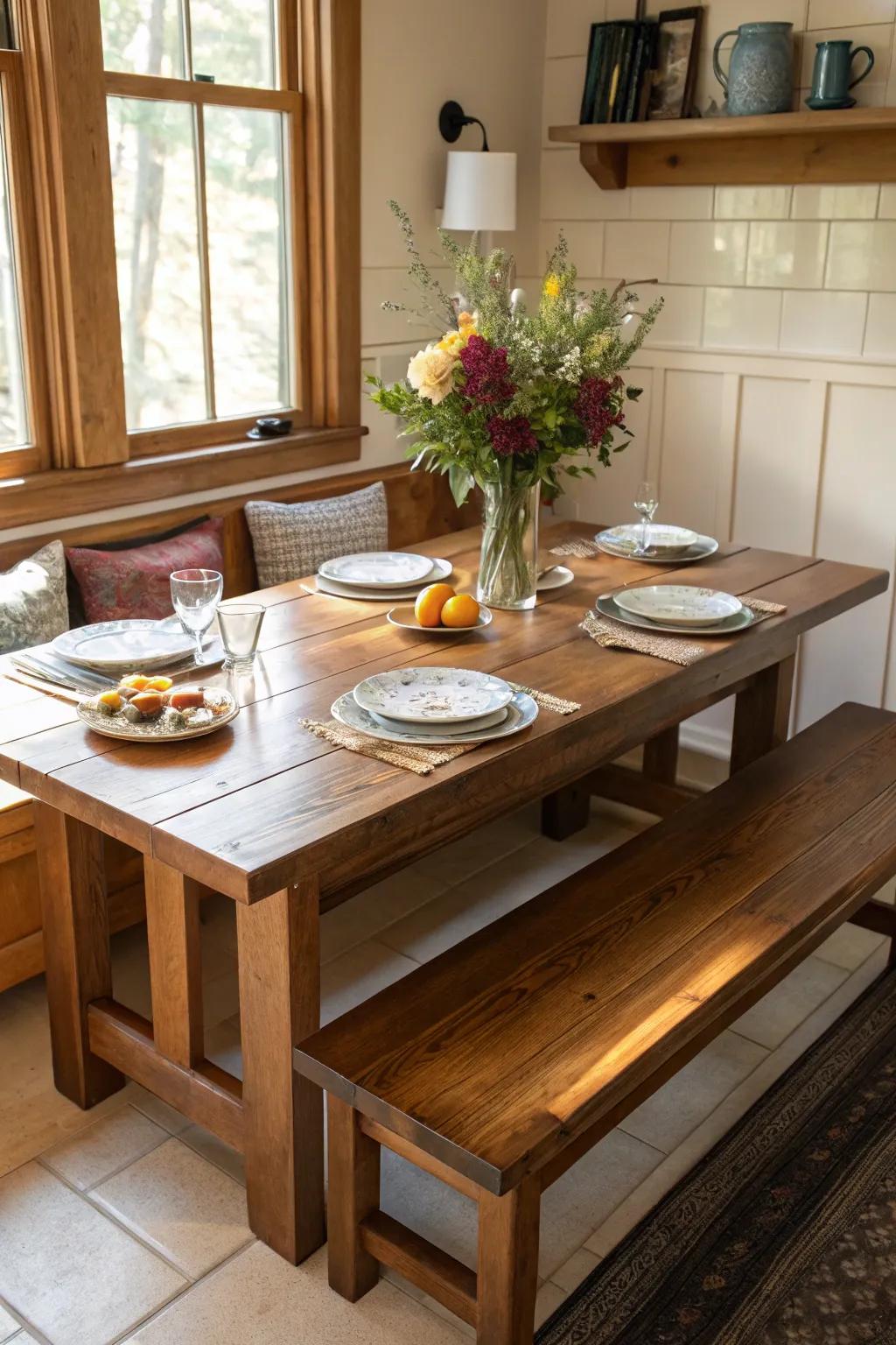 Blend function and style by pairing benches and tables.