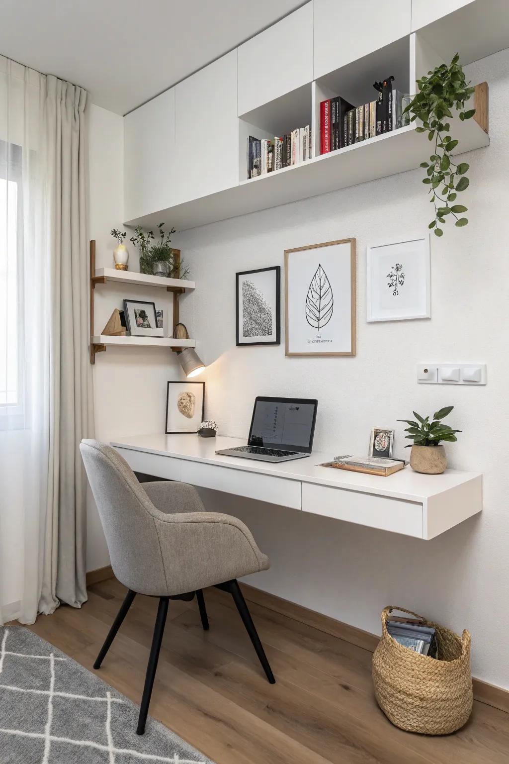 A floating desk adds a modern feel to a simple office.