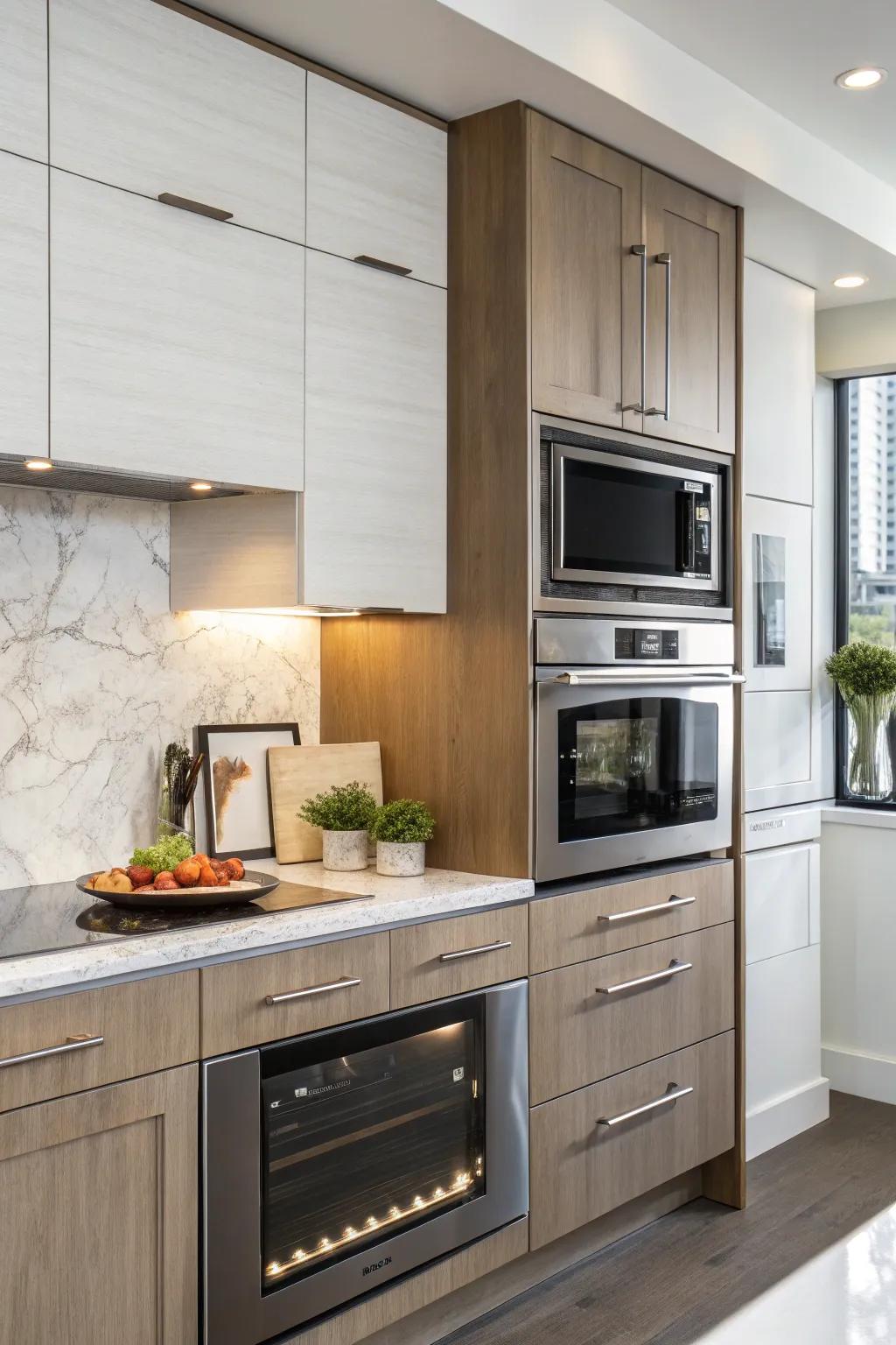 A wall-mounted microwave integrated with overhead cabinets.