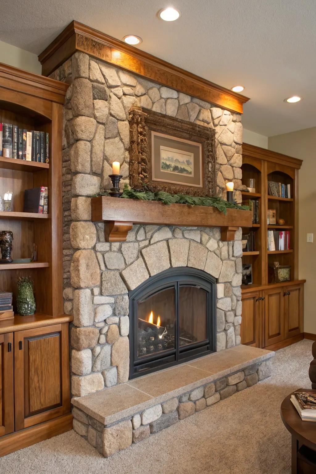 Stone accents bring a rustic charm to your fireplace built-ins.