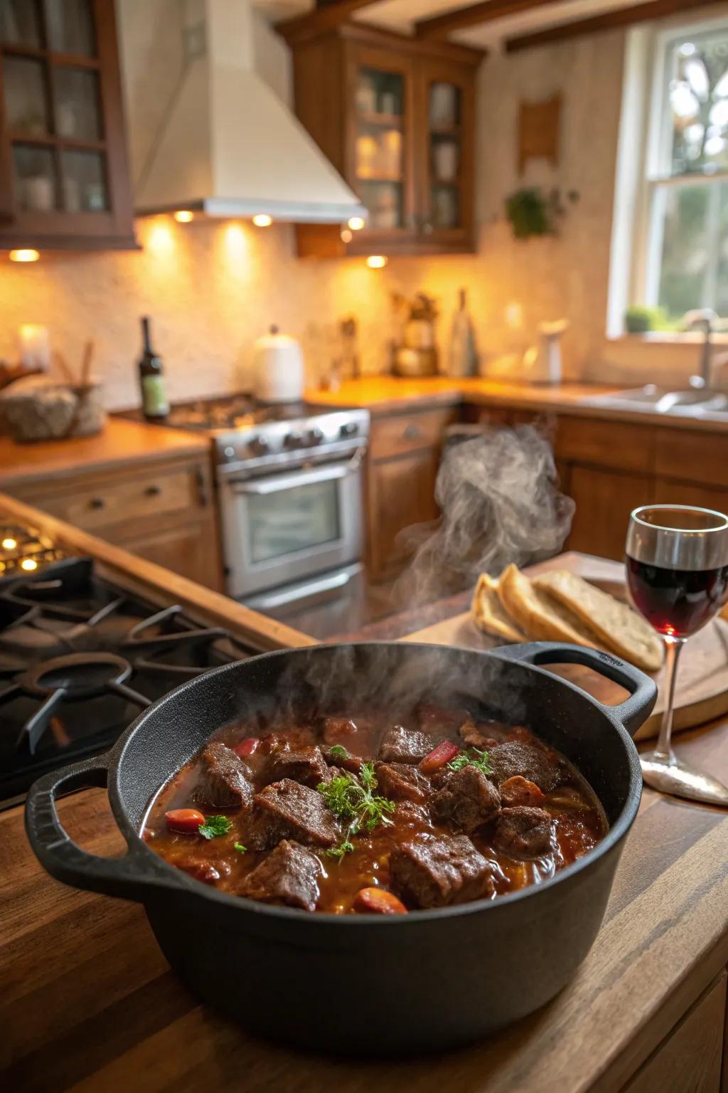 A hearty beef stew infused with red wine, a timeless and elegant dish.