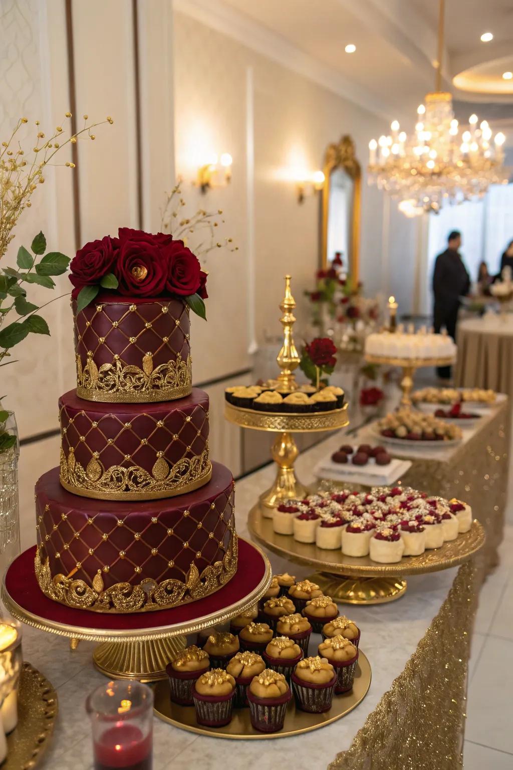 A lavish presentation of desserts that is visually appealing, all in deep red and gold.