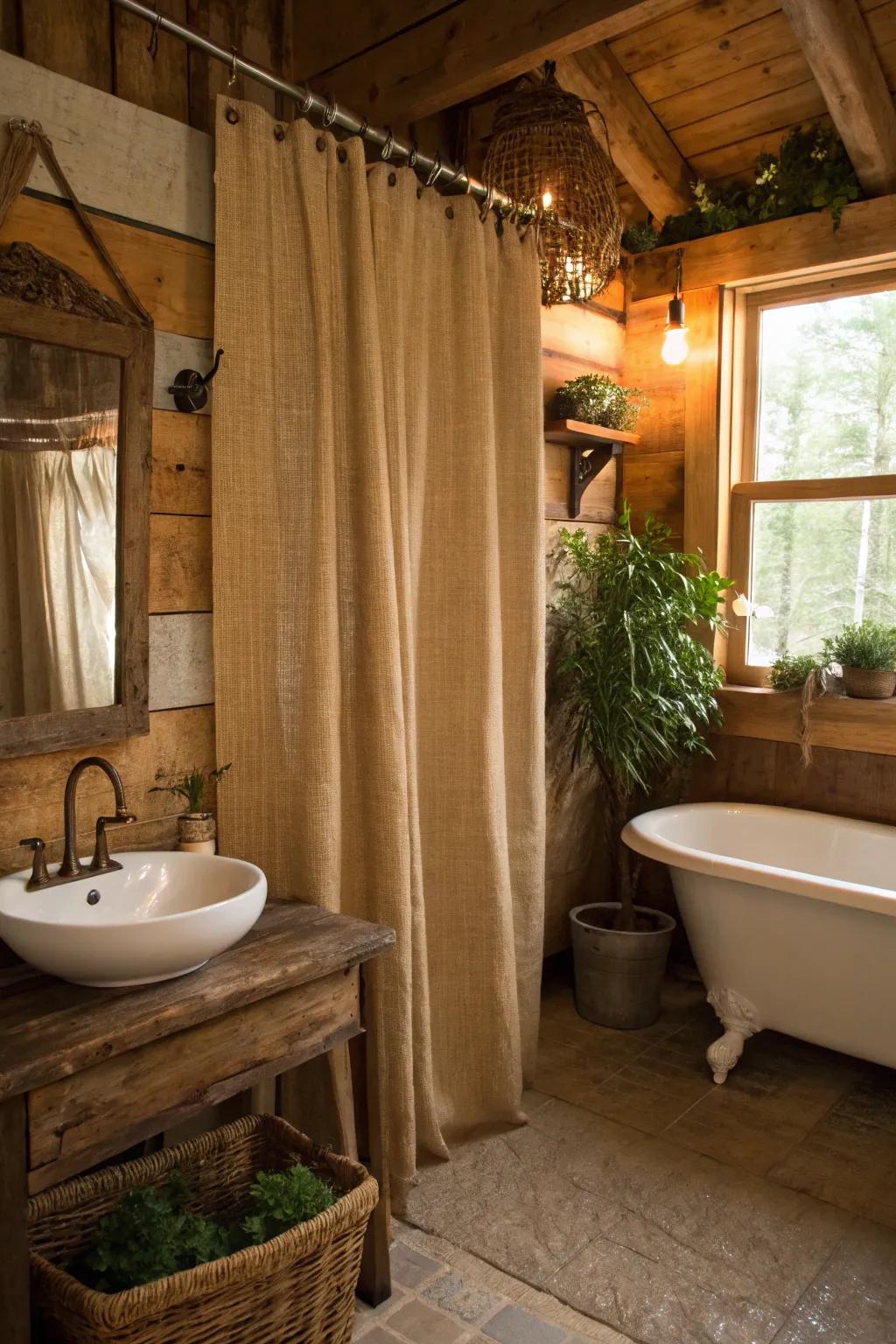 Rustic retreat with woven fiber shower drapes.
