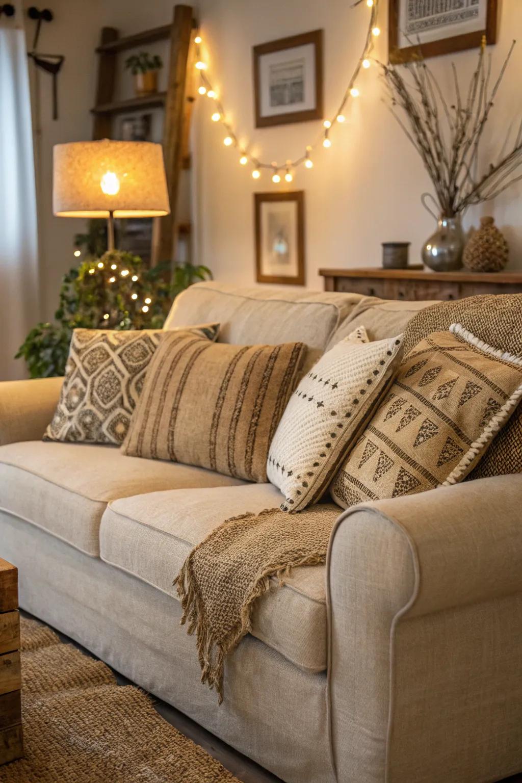 Hessian pillows offer both flair and comfort.