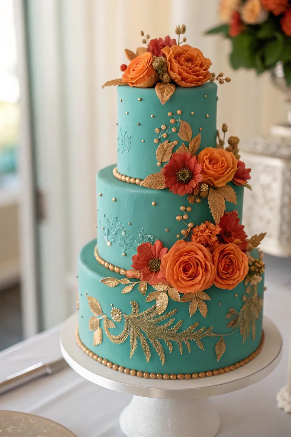 A wedding cake beautifully incorporating seafoam green and sunset orange.