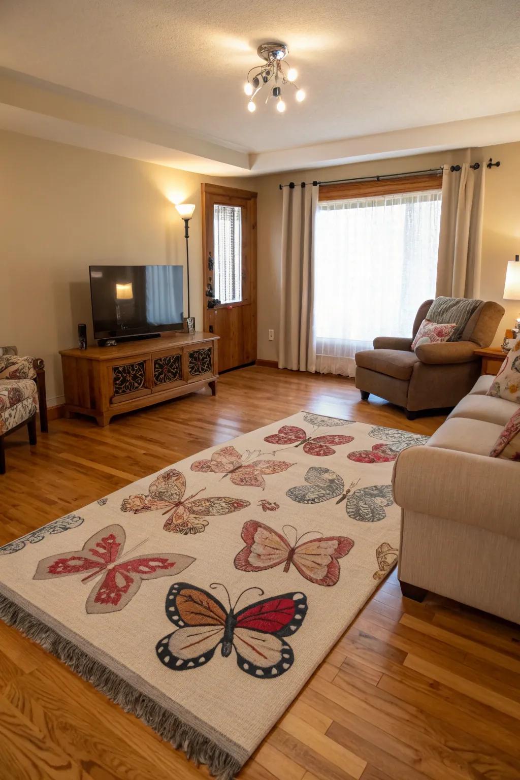 Tie the room together with a butterfly-inspired rug.