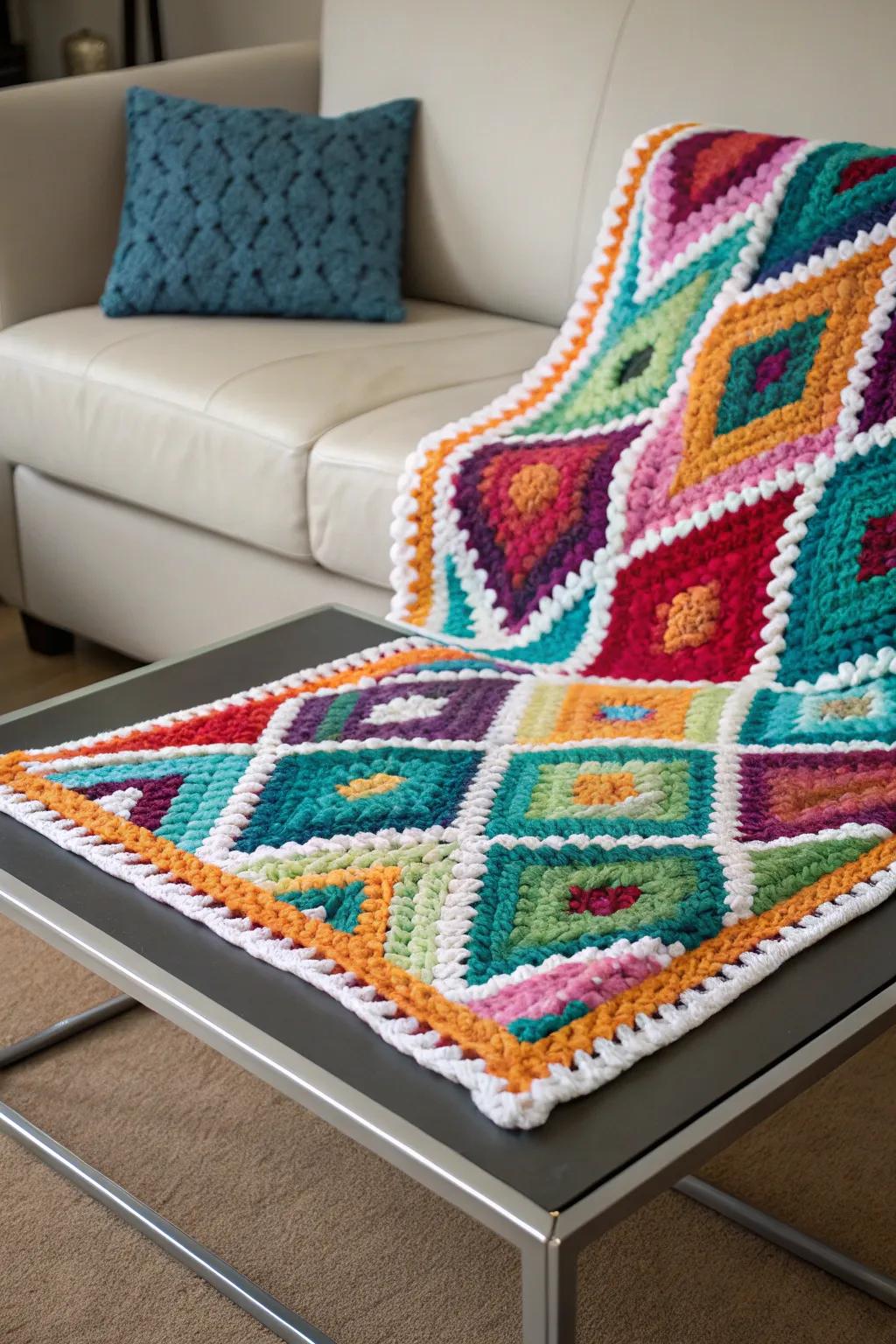 This crochet piece is given a contemporary style with the geometric patterns.