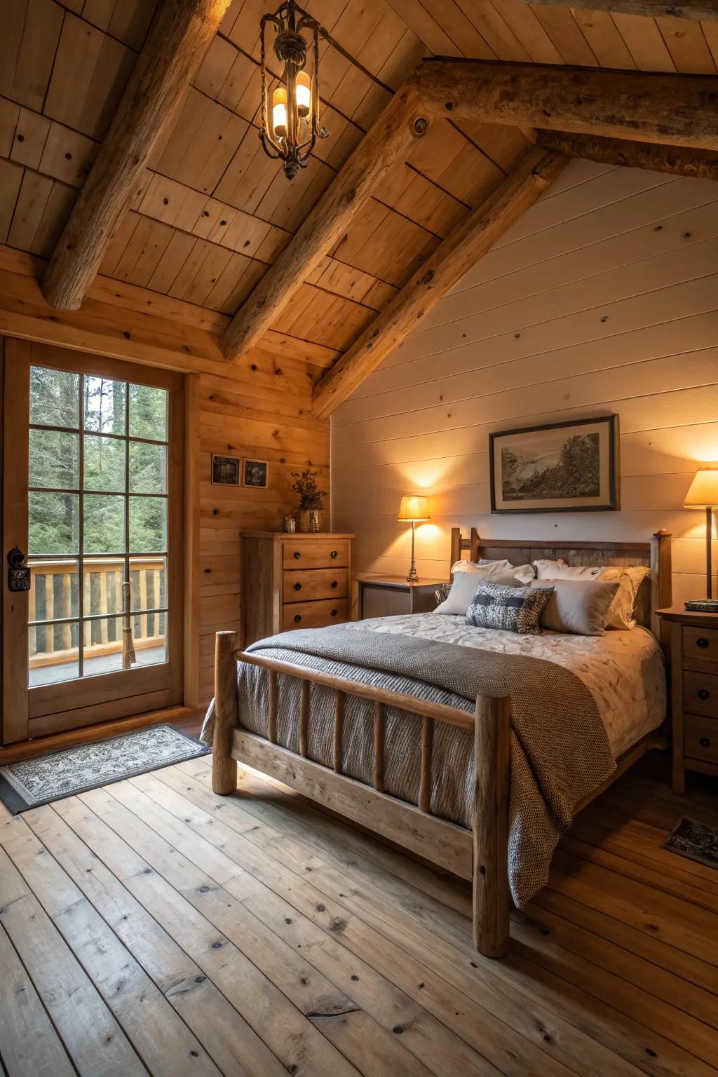 A cabin bedroom featuring ambient warm lighting and wooden accents.