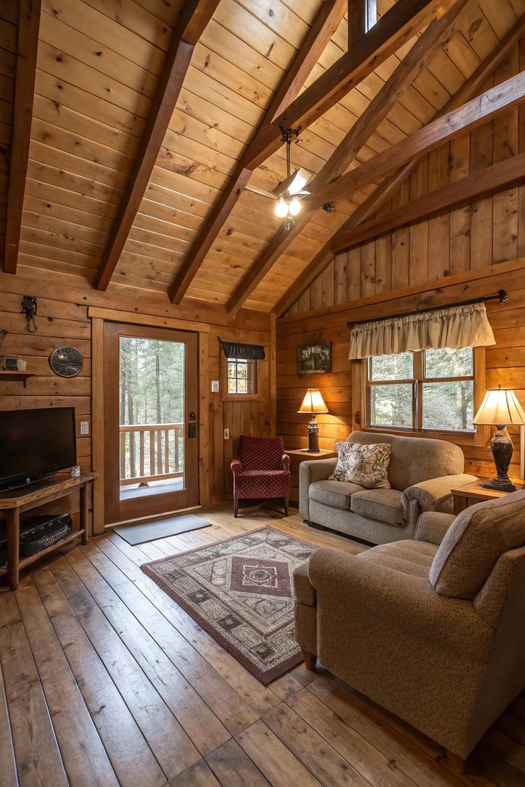 Open beams draw visual interest and rustic charm to this cabin.