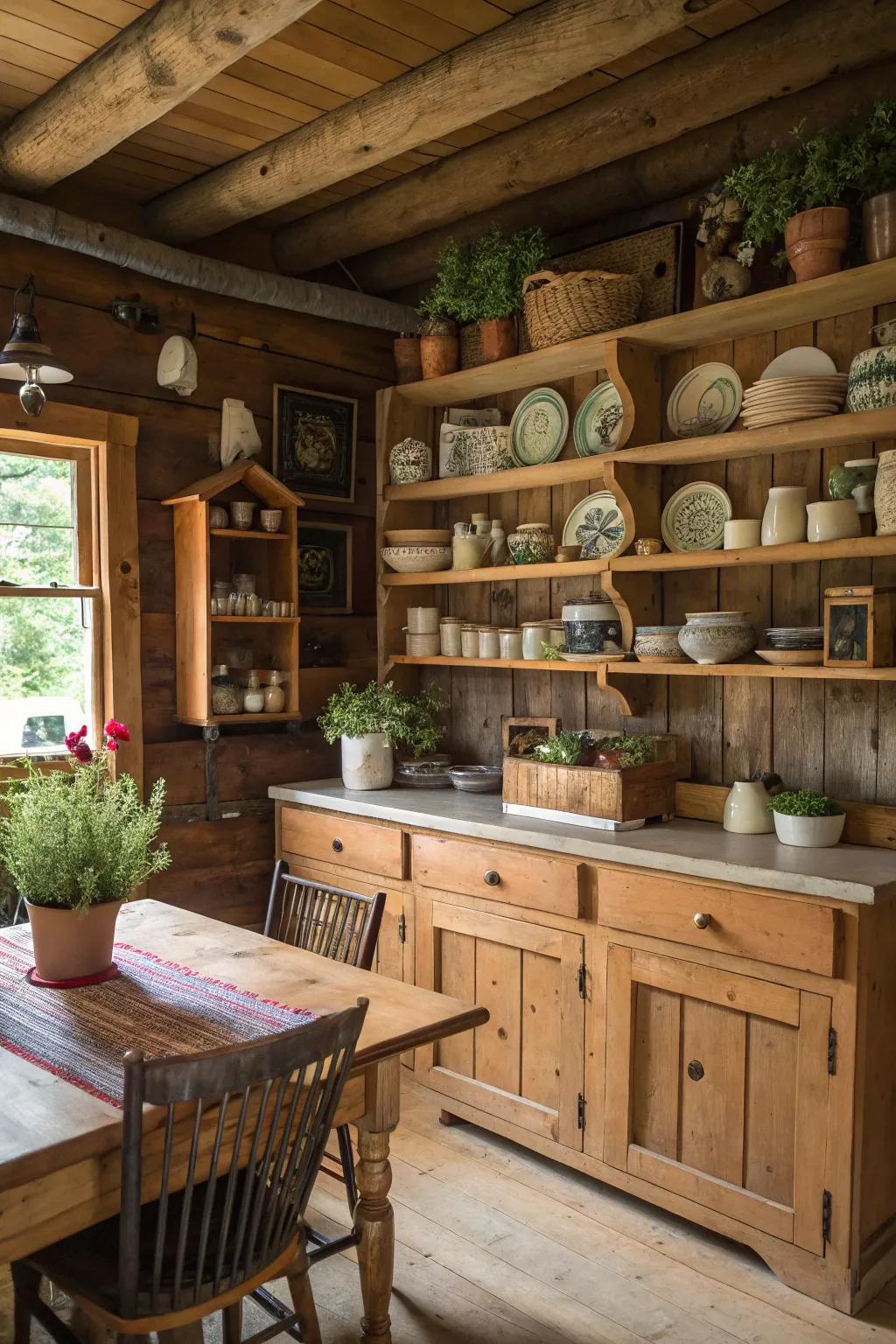 Open shelving offers both style and practicality in a cabin kitchen.