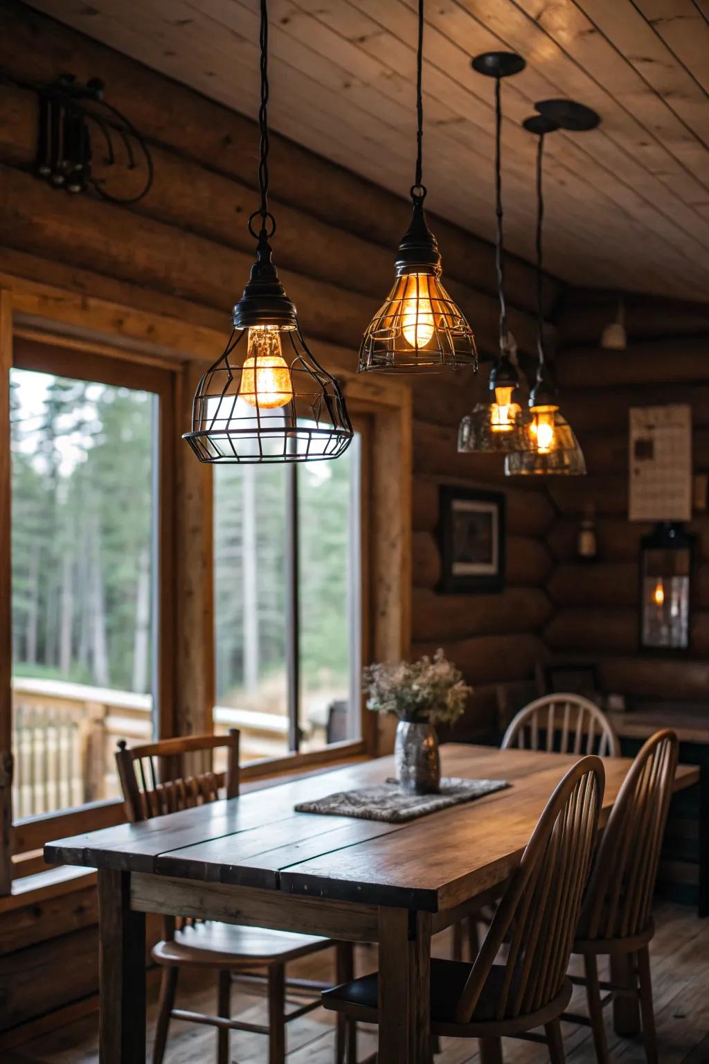 Traditional hanging lights contribute nostalgic charm to a cabin's dining space.
