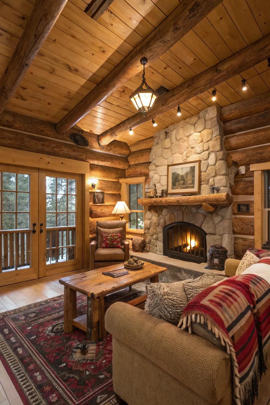 Earthy wood decor infuses authenticity into this charming cabin living space.