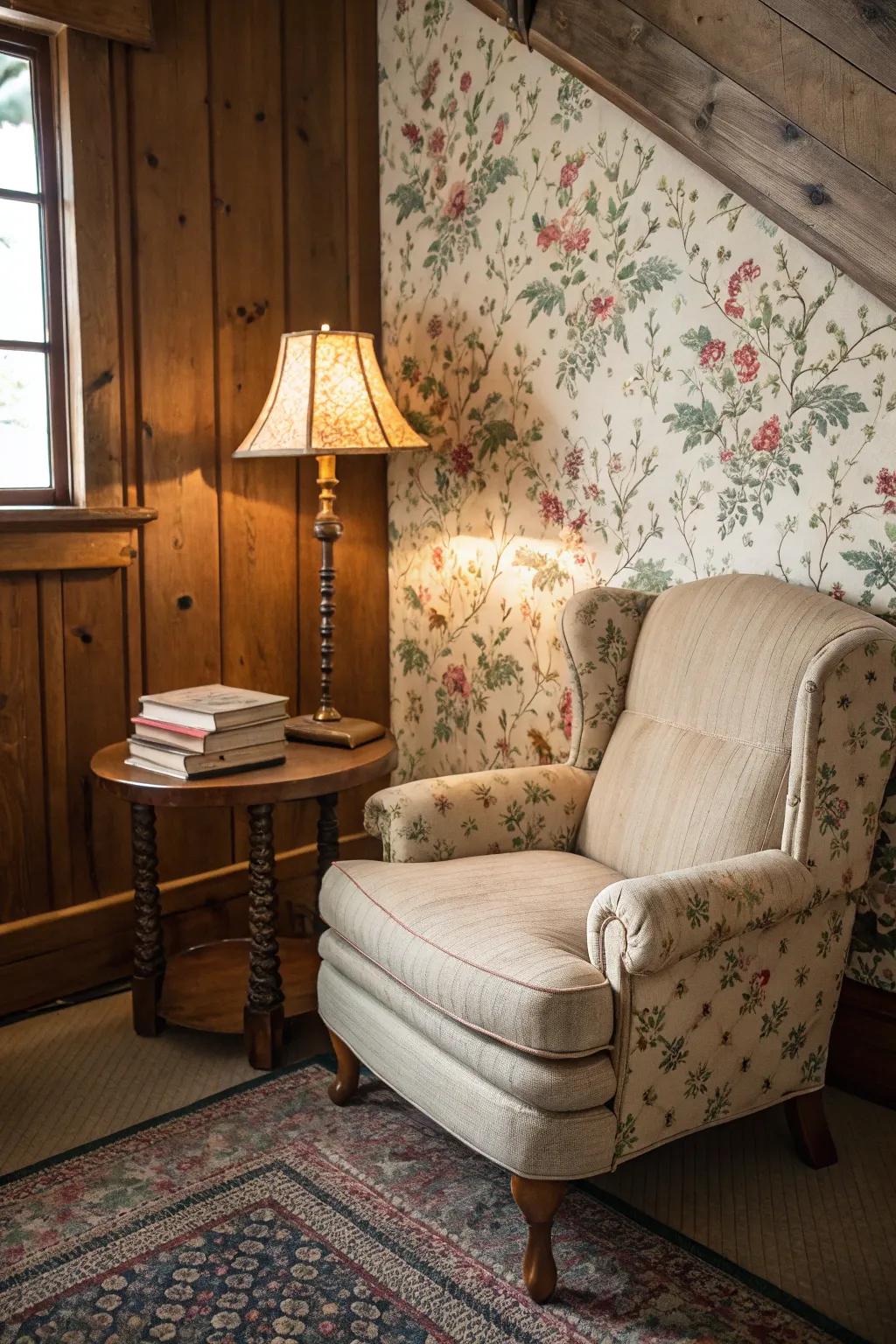 Enchanting classic wallpaper includes personality to a comfy alcove.