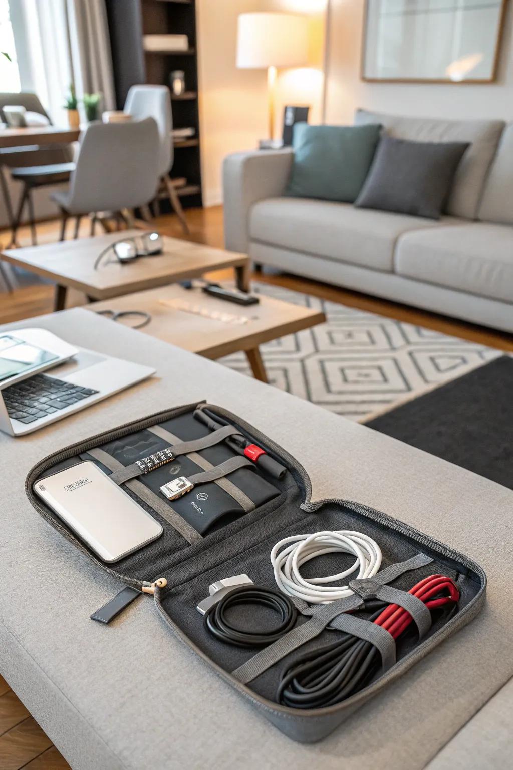 Customizable cable organizer with sections that can be adjusted.