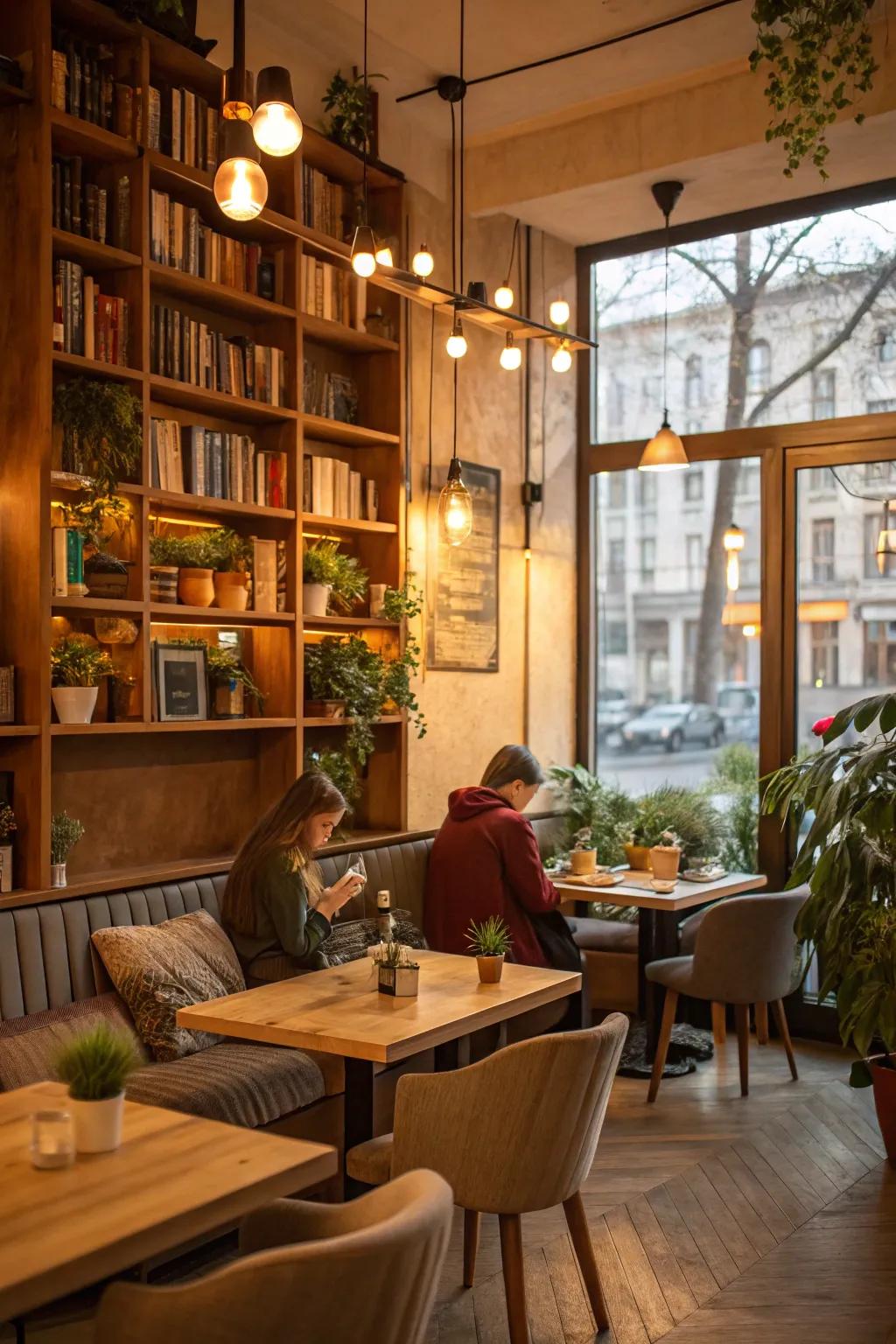 A cafe interior glowing with the appealing warmth of inviting light spectrum.