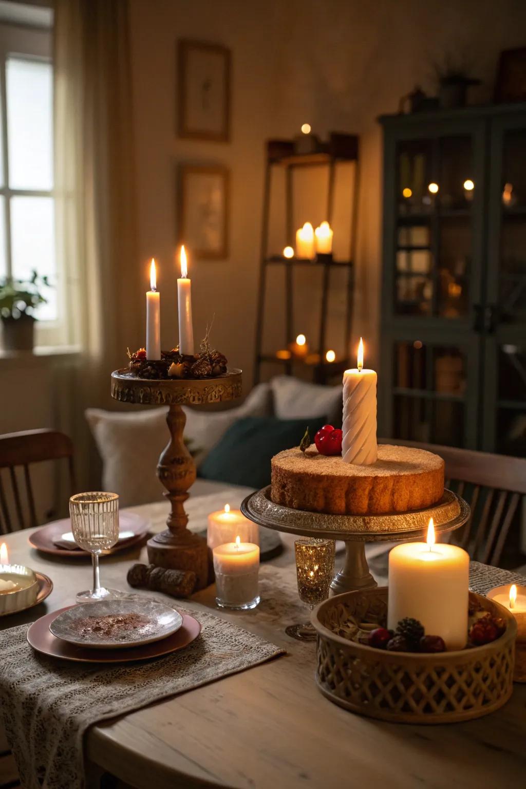 Candles on a display stage enhance the atmosphere with a gentle glow.