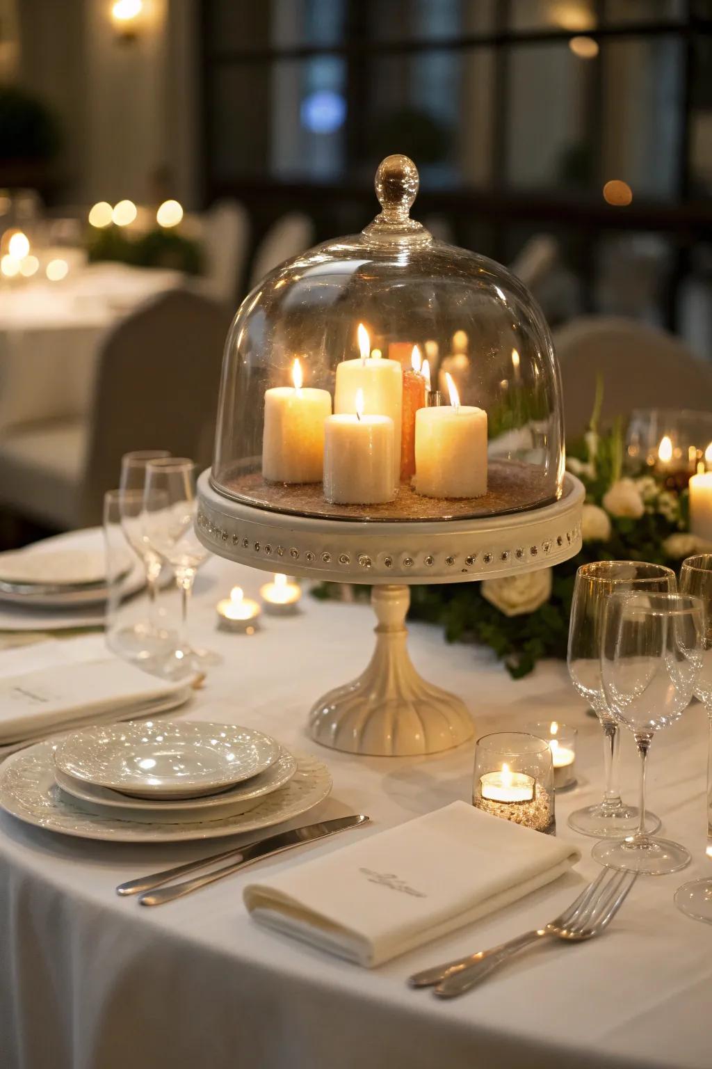 Create a romantic dining experience with a candlelit dome centerpiece.