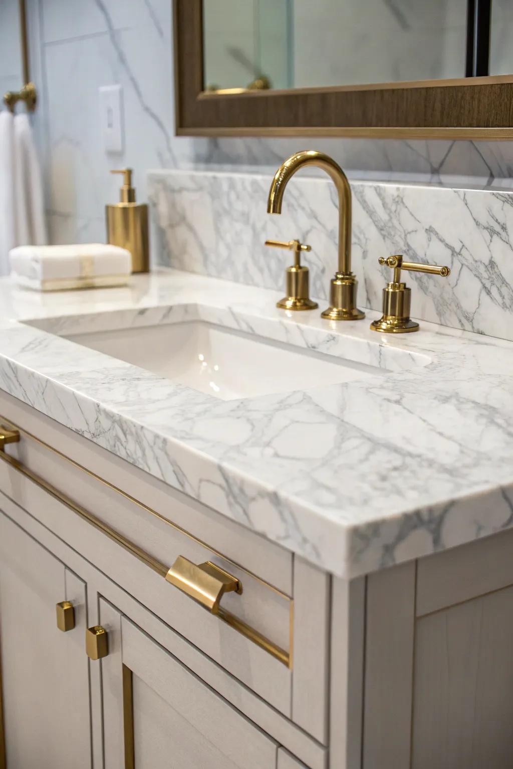 A stunning bathroom vanity with a Ivory Coast marble backsplash.