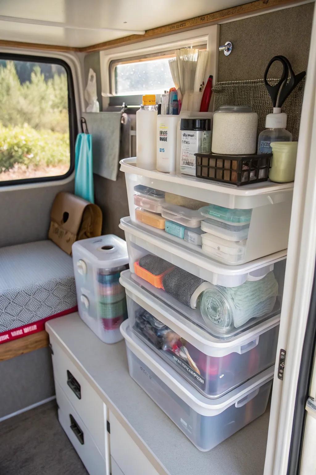 Small boxes keeping little bathroom items organized.