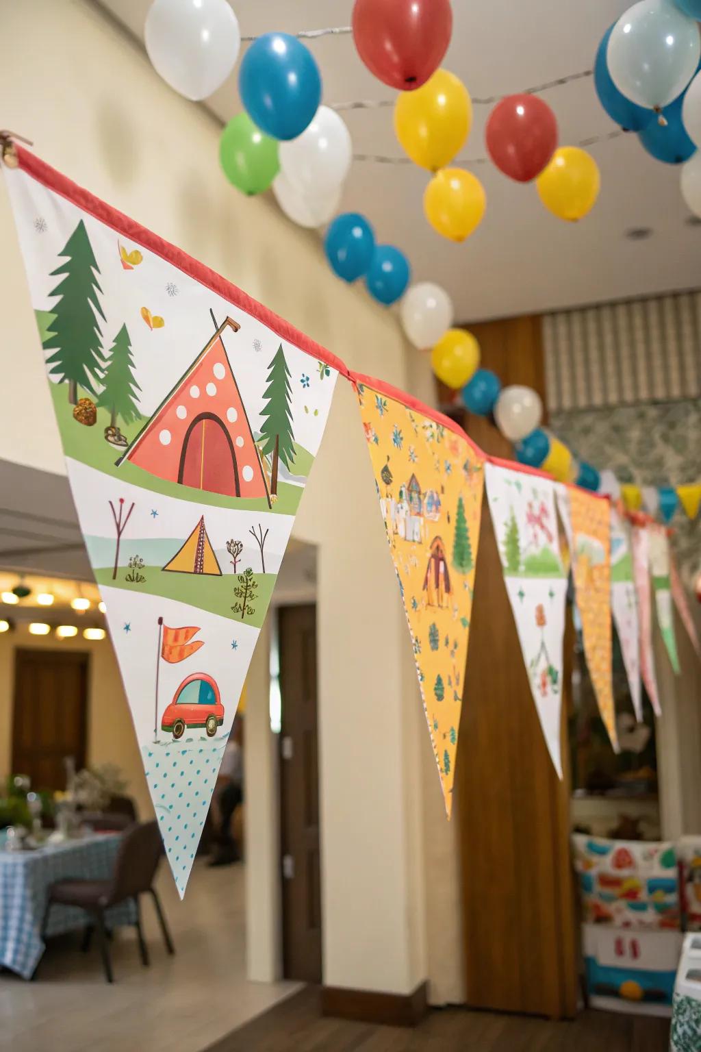 Personalized camping-themed birthday banners making a statement.