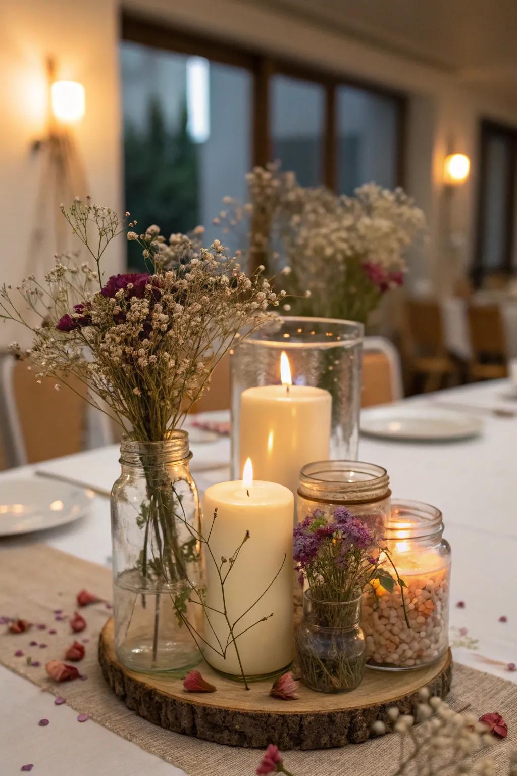 Enchanting candle vessels adorned with preserved blossoms.
