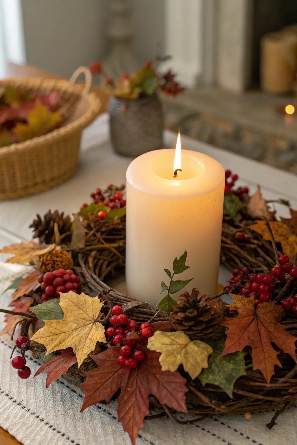 A circular accent with a central tall candle for a captivating display.