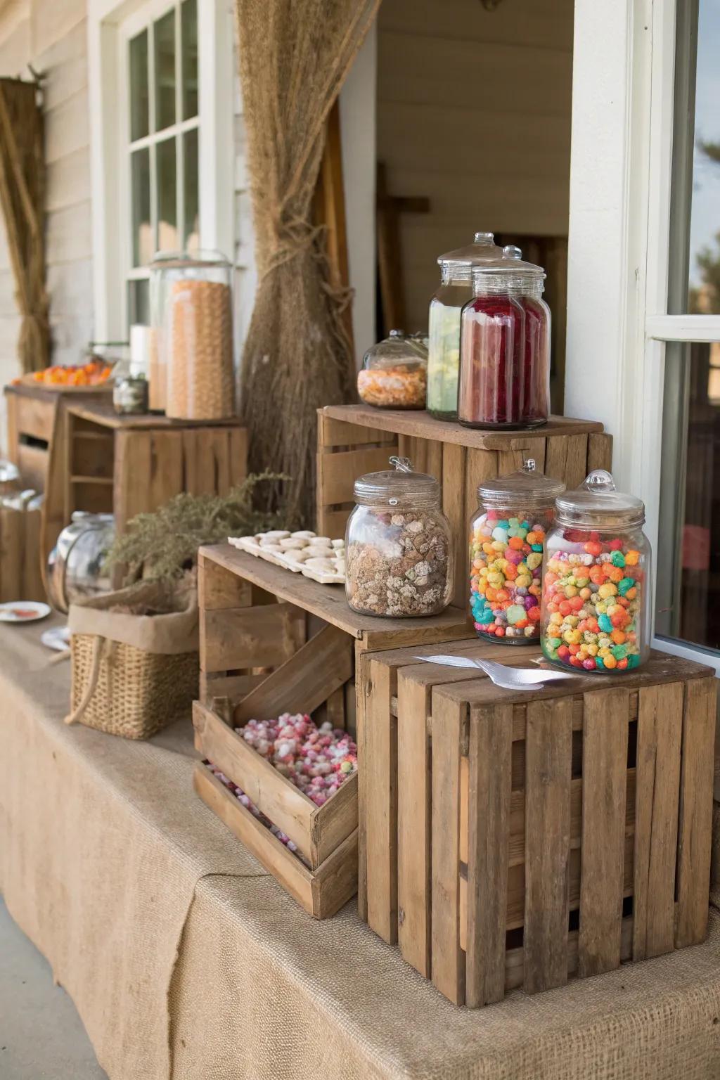A rustic sweets area that brings warmth and simplicity to your celebration.